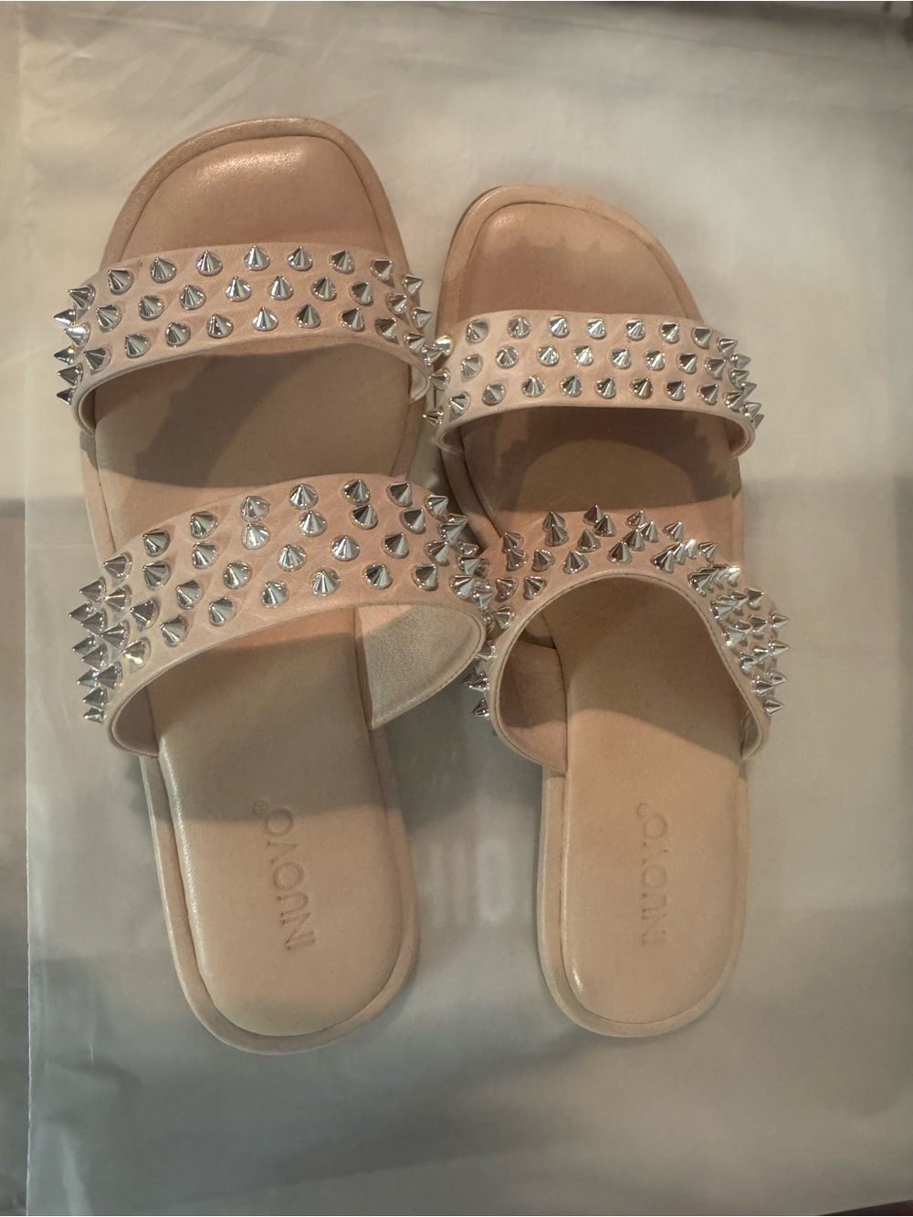 Studded Double-Strap Slide Sandals in Nude Blush